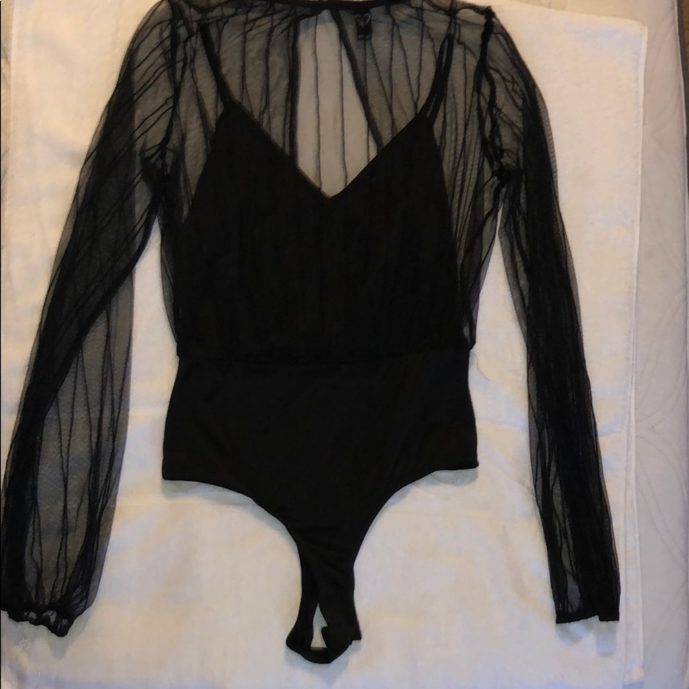 Windsor black bodysuit with see-through sleeves